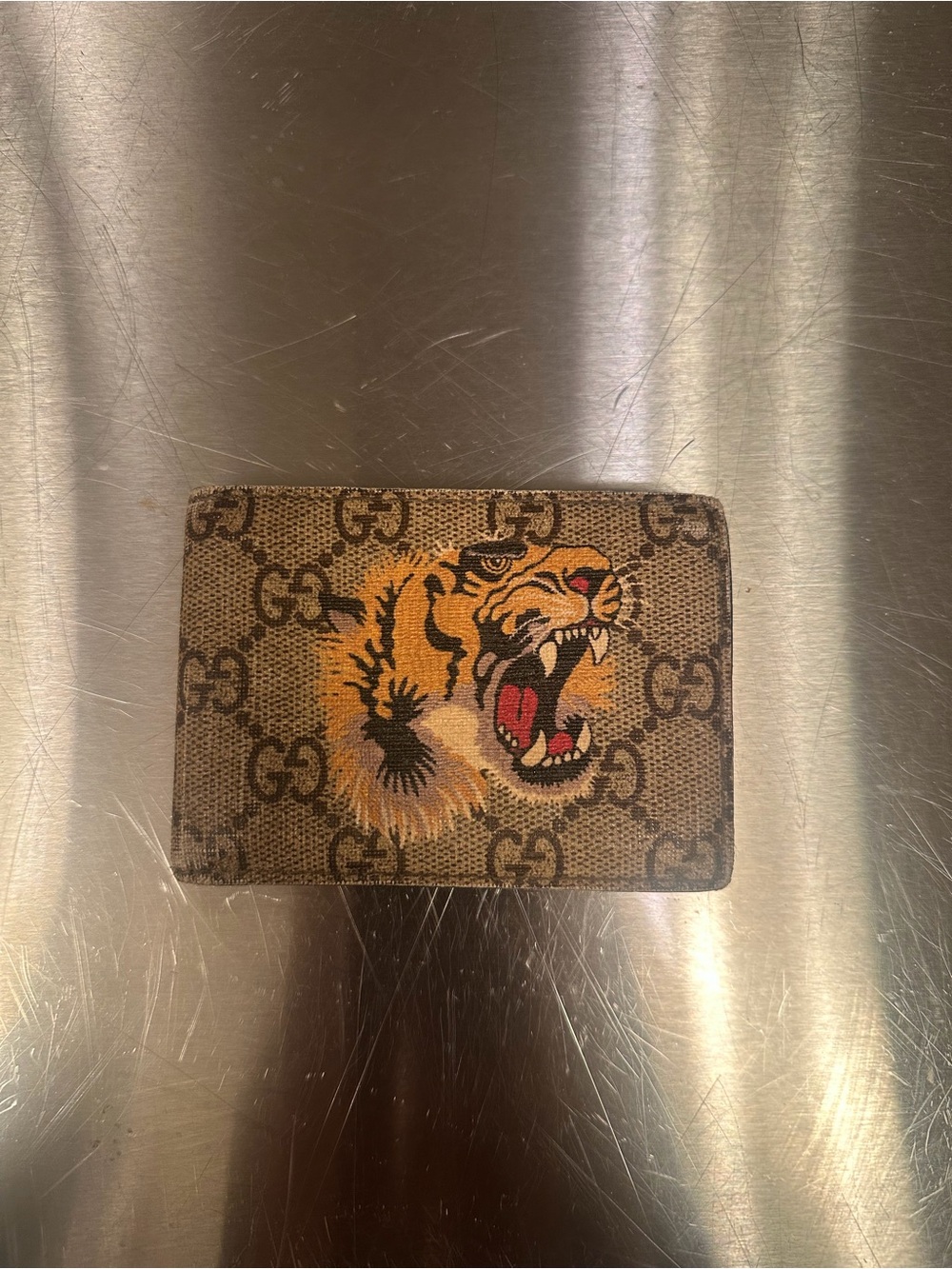 Gucci Brown GG Supreme Card Holder with Tiger Motif